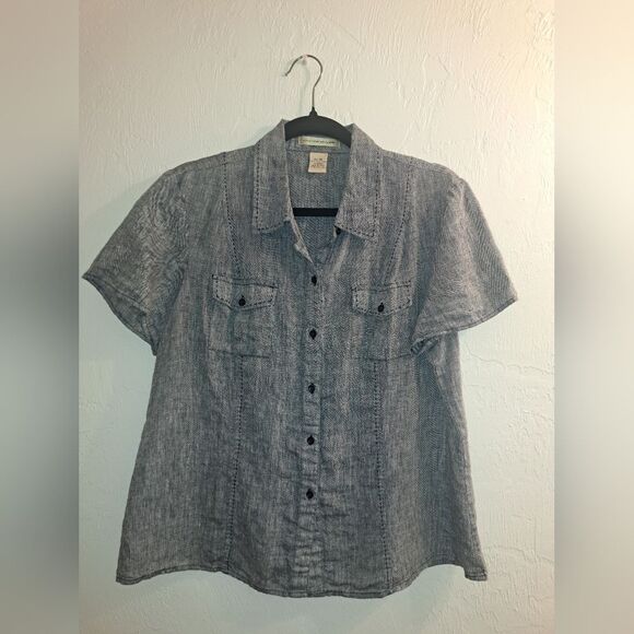 None Tops - SOLD - Ecologie Women's Blue Short Sleeve Button-Up Shirt 100%
